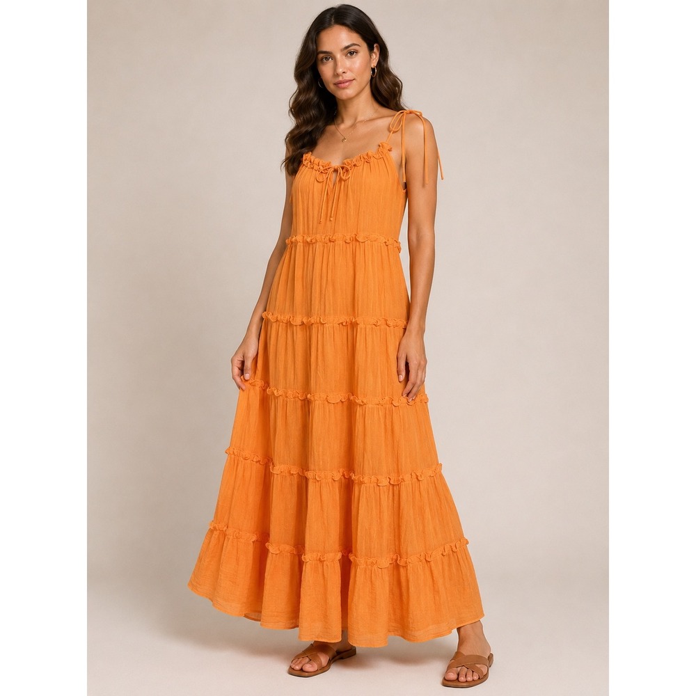 Charlie Holiday Orange Cotton Gauze Tiered Ruffle Maxi Dress XL USA 10 Australia
